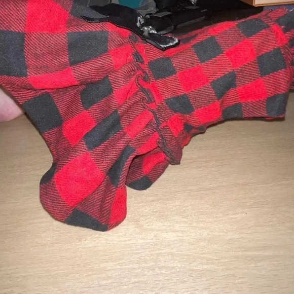 HOLIDAY DOG DRESS BUFFALO PLAID RUFFLE HEM  W BIG BOW & GEMSTONE FOR SMALL DOG - Picture 7 of 12
